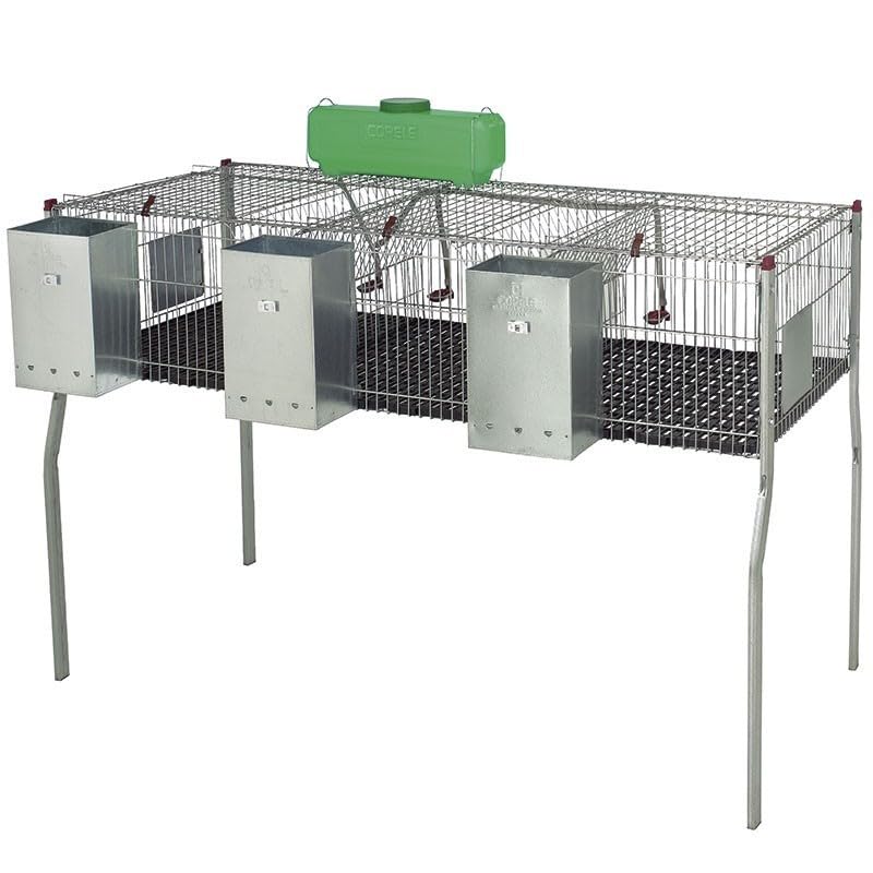 Suinga Gabbia per conigli galvanizzata con tramogge e abbeveratoi 3 reparti, pavimento in plastica, 157x63x98 cm, grigio