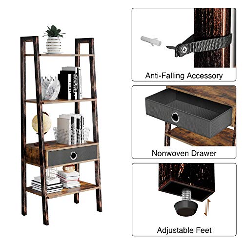 Rolanstar Ladder Shelf with Drawer, Rustic Ladder Bookshelf, 4-Tier Utility Organizer Shelves, Stable Metal Frame, for Living Room, Office Room, Rustic Brown