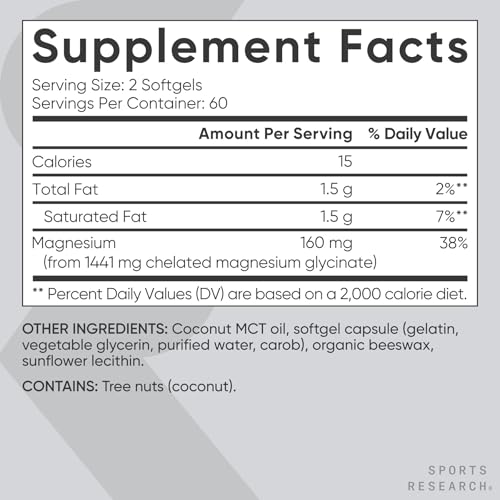 Image of Sports Research Magnesium Glycinate - Suports Restful Sleep & Enzymatic Processes - 160 mg Chelated Magnesium - Liquid Softgel - 120 Count