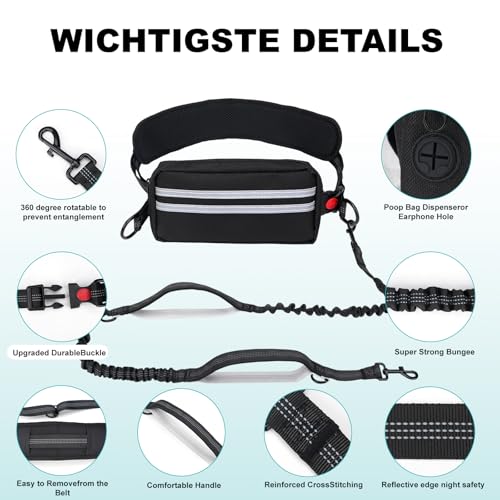 Joggingleine Hunde, Freihandleine Laufleine Hundeleine mit Bauchgurt, Abnehmbare Hüfttasche, 1.45-2M Bungee-Laufleine Hundeleinen für Mittelgroße Große Hunde bis zu 50 kg