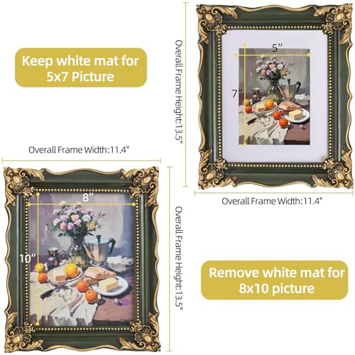 Image of Saysmile 8x10 Vintage Picture Frame with Embossed Flower Design, Green Ornate Frame for 8x10 or 5x7 Pictures with White Mat, Hand-Crafted Resin Antique Frames for Tabletop & Wall Hanging, Home Decor (Green )