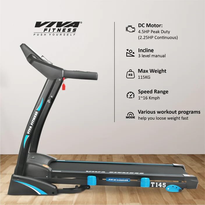 Image of Viva Fitness T-145 DC Motorized Treadmill || DC Motor : 4.5 HP Peak, Connect with MP3 || Max. User Weight: 115 Kgs (Installation Available)