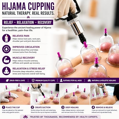 Image of Premium Hijama Cupping Therapy Kit for Pain Relief, Muscle Recovery, Detoxification and Blood Circulation Improvement| Professional Vacuum Suction Cups Kit with Strong Pump for Home and Clinical Use|Durable, Skin-Safe Medical Grade Material for Safe and Effective Treatment (Black Handle Only)