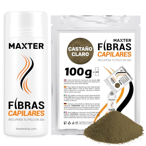Maxter Fibras Capilares CASTAÑO CLARO + Bolsa Recarga 100g - Microfibras Capilares en Polvo para Disimular Calvicie y Alopecia - Fibra Capilar Hombre y Mujer - Hair Fibers