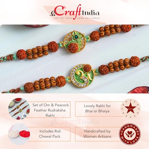 Image of eCraftIndia Om Peacock Feather Rudraksha Rakhi Set of 2 | Rakhi for Brother Bhaiya Bhai with Best Bro Ever Fridge Magnet | Roli Chawal Pack