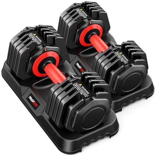 Mouldbody Adjustable Dumbbell Set Pair 25 lb Adjustable Dumbbells 10-in-1 Free Weights Set 1-Second Dial Weight Adjustment Space-Saving Design with Storage Base Home Gym Strength Training Equipment