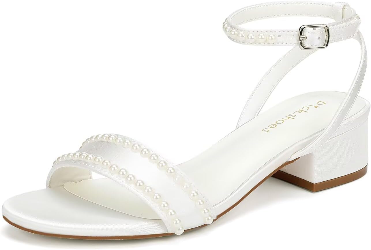Low Heel Wedding Shoes Bride - Open Toe Pearl Design