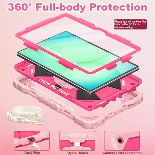 Image of WESOROL Case for Galaxy Tab A11 Plus /A9 Plus 11 Inch,Shockproof Cover for Samsung Tablet A11+ /A9+ Case with Screen Protector 360 Rotating Stand Pencil Holder Shoulder Strap,Rose Gold Pink