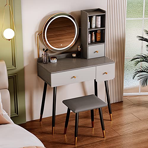 Vanity Desk,Make Vanity Set With Touch Screen Dimming Mirror, 3 Color Lighting Modes, Dressing Table With 3 Sliding Drawers, Modern Bedroom Makeup Table And Cushioned Stool Set For Women Girls #TOP1