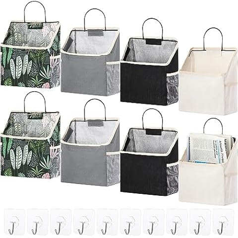 8 Packs Wall Hanging Storage and 10 Pieces Sticky Hooks Waterproof over The Door Closet Storage Hanging Caddy Bag Hanging Closet Organizer Linen Cotton Bag Cover