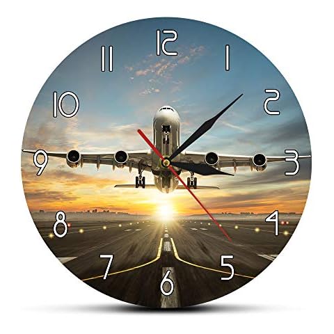 The Geeky Days Airplane Wall Clock Huge Two Storeys Commercial Jetliner Silent Quartz Printed Wall Clock Commercial Airplane Taking of Runway in Dramatic Sunset Light Modern Home Decor Cover