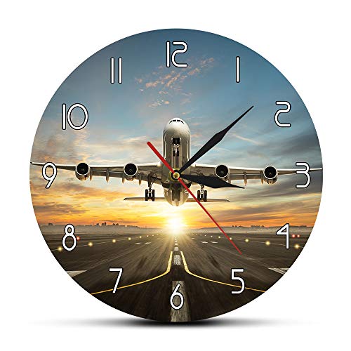 The Geeky Days Reloj de pared de avión de dos pisos con diseño de avión comercial de avión silencioso impreso de cuarzo, reloj de pared comercial, toma de pista en dramática luz de puesta de sol