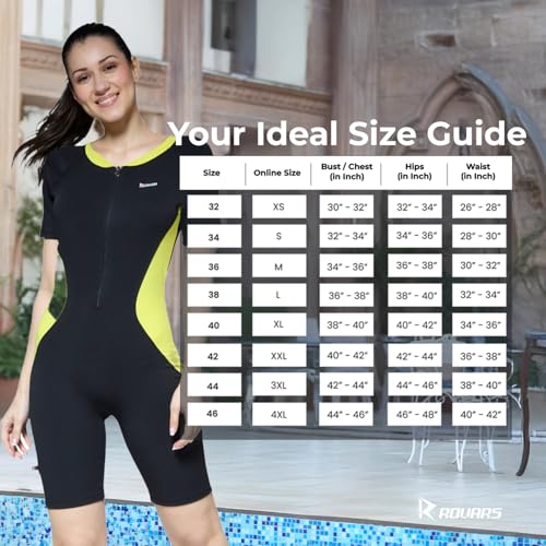 Image of ROVARS Swimming Suit for Women One Piece Swim Suit Set Knee Length Swimming Costume Stretchable Swimwear Ladies Swimsuit Flexible Fit Swim Dress Black Lemon