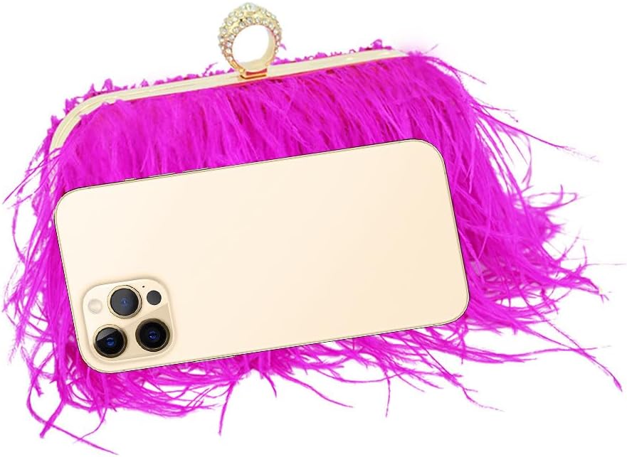 Women Ostrich Feather Purse Ostrich Tote Bag Fluffy Feather Purse Fringe Clutch Evening Handbag for Party Prom Rose Red - Image 6