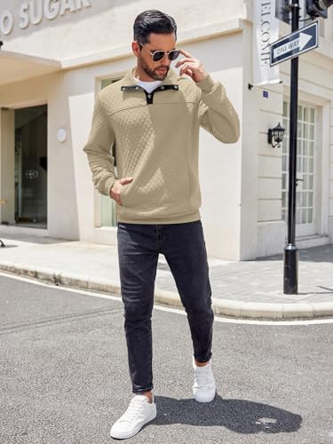 Image of COOFANDY Mens Quarter Sweatshirt Quilted Long Sleeve Mock Neck Active Sweater Waffle Pullover Polo Shirts With Pockets