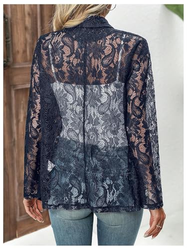 Womens Lace Blazer Jackets Open Front 3/4 Sleeve Button Sheer Mesh Blazer Elegant Casual Blazers Jacket3