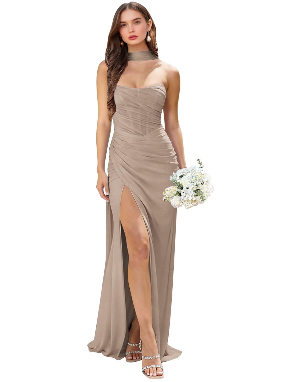 Corsé sin tirantes, vestido de dama de honor de gasa para boda con bufanda, vestido largo plisado de sirena, vestido de baile formal con abertura