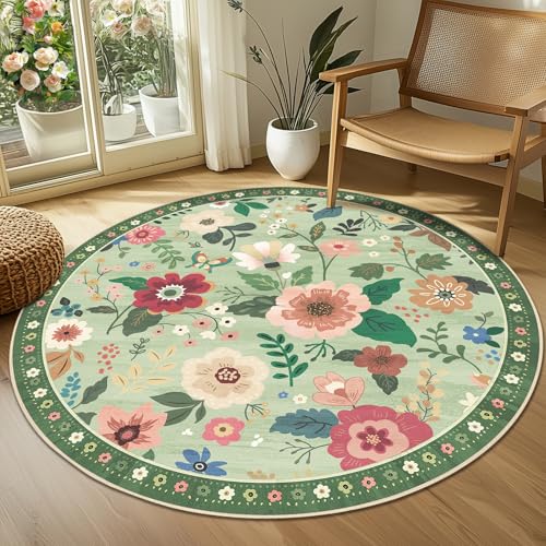 Floral 4ft Area Rug Machine Washable Soft Print Boho Carpet Non Slip Doormat Low Pile Flower Area Rugs for Living Room Bedroom Nursery Kitchen Dining Room Indoor-Light Green