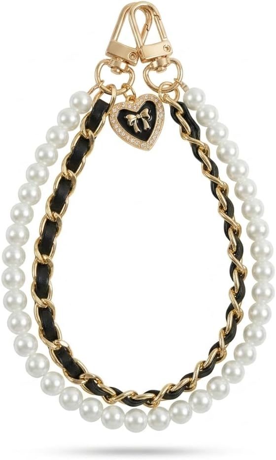 Bloomish Pearl Phone Charm with Alloy Zircon Four-leaf Clover, Elegant Keychain, Car Key Ring & Cellphone Chain Accessory for Women