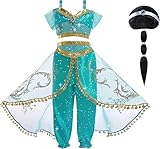 ZZXLOPEZ Costume Principessa Jasmine per Bambina, Costume da Principessa Bambina, Jasmine Costume Ragazze con Parrucca, Aladdin Vestito per Festa Danza Compleanno Halloween Cosplay 3-9 Anni(130cm)