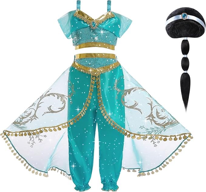 ZZXLOPEZ Déguisement Princesse Jasmine, Costume de Princesse Jasmine avec Accessoires de Perruque, Robe de Aladdin pour Filles Noël Halloween Anniversaire...