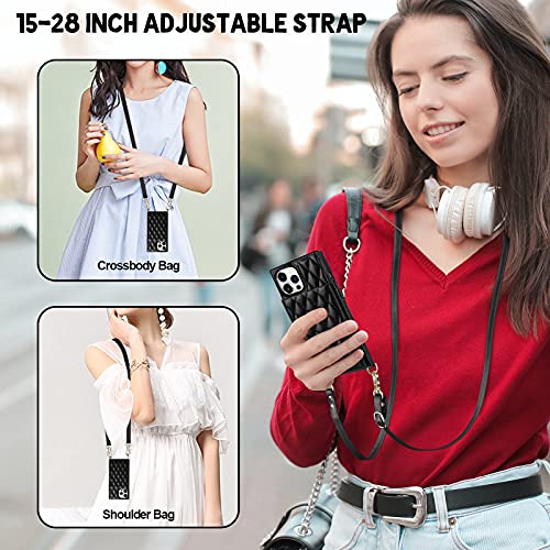 Coolden For Iphone 14 Pro Max Case Wallet 6.7" Quilted Leather Women Luxury Phone Protective Cover Crossbody Strap Kickstand Slim Square Armor Card Holder Slots Cases For Iphone 14 Pro Max Black #TOP3