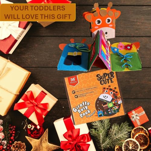 Image of Giraffe Quiet Activity Book, 8 basic skills. Busy book for toddlers, Sensory Toy for Toddlers. Developing Motor, Cognitive, and Sensory Skills. Giraffe backpack. Zipper button toy for toddler