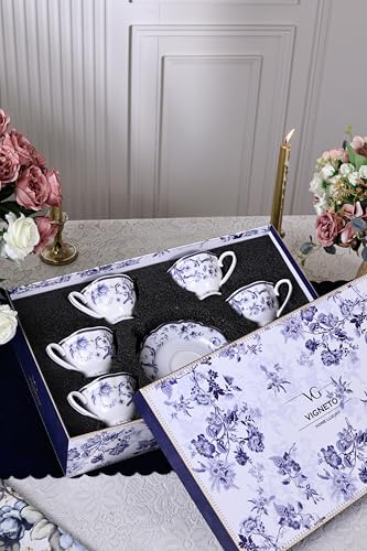 Image of Vigneto Floral Midnight Blue Cup and Saucer Set (Vintage Collection) for Tea /Coffee /Hot Drinks | Set of 6 Cup & 6 Saucers, 210 ML | Finest Premium Porcelain | Scratch Resistant | Chip Resistant