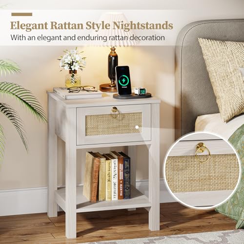 Image of Eclatara Rattan Nightstand: Sturdy White Night Stand with Rattan Decor Drawer, Farmhouse Nightstand Bedside Table Boho End Tables Side Tables for Bedroom (Cream White Oak,1 Piece)