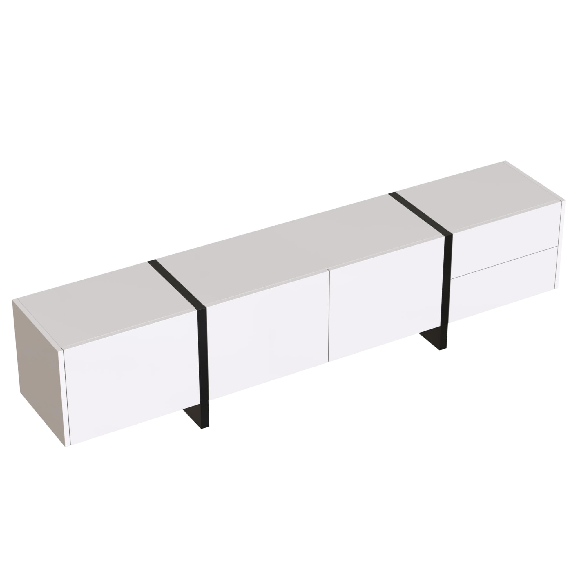 MURUL Mueble para TV, panel bajo con patas de colores en blanco brillante y negro, diseño sencillo con puertas y cajones, puertas con estantes