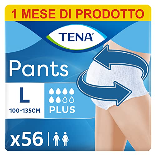 Tena Pants Plus Large (L) Pacco Scorta Mensile Mutandine Assorbenti, Elasticizzate e Monouso, per Perdite Urinarie, Unisex, Discrete e Confortevoli, 4 Confezioni x 14 Pezzi