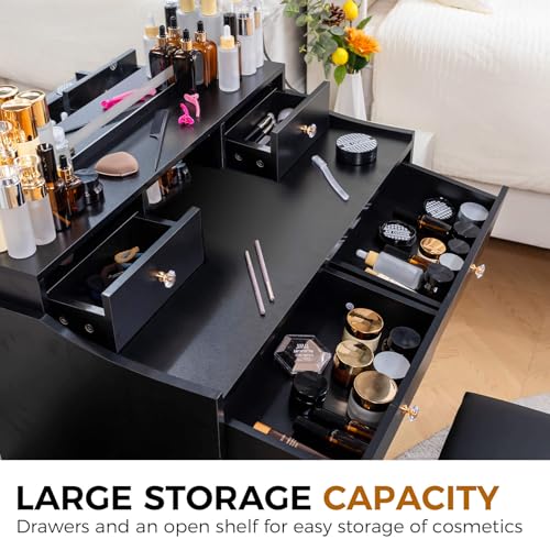 Image of COMHOMA Vanity Desk with LED Lights Mirror & Power Outlet, Small Makeup Vanity Table Set with 5 Storage Drawers, 3 Lighting Modes & Adjustable Brightness, Dressing Table for Women Girls Bedroom, Black