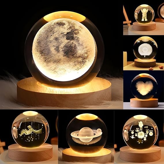 Zen & Lume Pack of 1, Mini Crytal Ball Lamp Night Light with Wooden Base | Multi-Design Galaxy Models | Ideal Bedroom Decor & Birthday Gift for Teens_Random Style