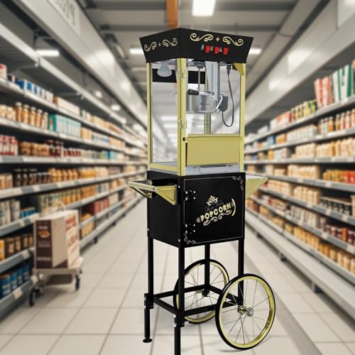 Image of 12oz Popcorn Machine Cart, Popcorn Cart with Wheels, Vintage Popcorn Machine with Stainless Steel Kettle, Movie Theater Style Popcorn Machine for Party, Black