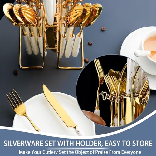 Image of Artek Stainless Steel Spoons, Forks & Knives Set of 24 with Stand and Ceramic Handle Golden Cutlery Set (White)