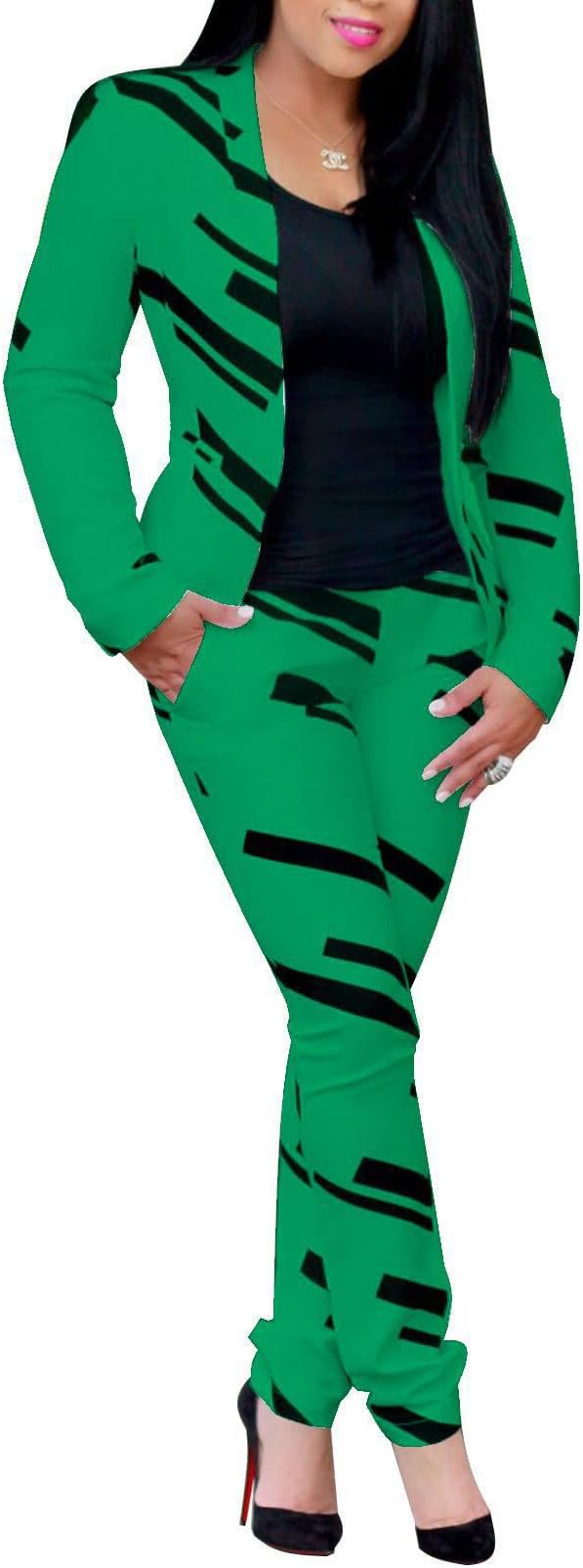 Women's 2 Piece Outfits Long Sleeve Stripe Jacket Top and Pants Suit Set