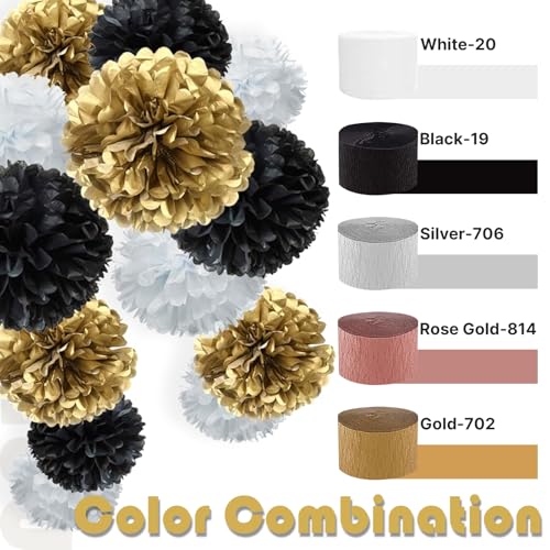 Image of PartyWoo Crepe Paper Streamers 8 Rolls 656ft, Pack of Black, Gold and Silver Party Streamers, Crepe Paper for Birthday Decorations, Party Decorations, Wedding Decorations (1.8 in x 82 Ft /Roll)