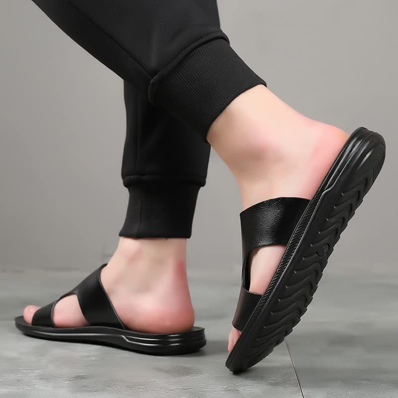 Men Black Shoes Flats Casual Slides Outside Sandals Beach Work Slippers Soft Leather Flip Flop Shoes4