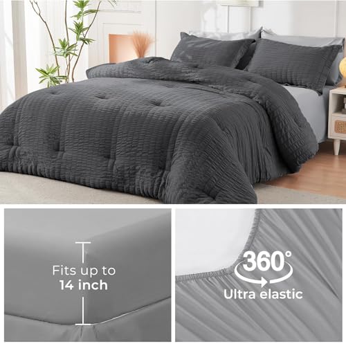 Image of HYMOKEGE Dark Grey /Light Grey King Size Comforter Set Seersucker 7 Pieces, All Season Luxury Bed in a Bag for Bedroom, Bedding Set with Comforter, Sheets, Pillowcases & Shams