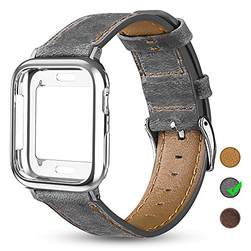 OULUOQI Leather Bands Compatible with Apple Watch 42mm 44mm with Soft Protective Case, Classic Business Genuine Leather Bands for iWatch Strap Series 4/3/2/1