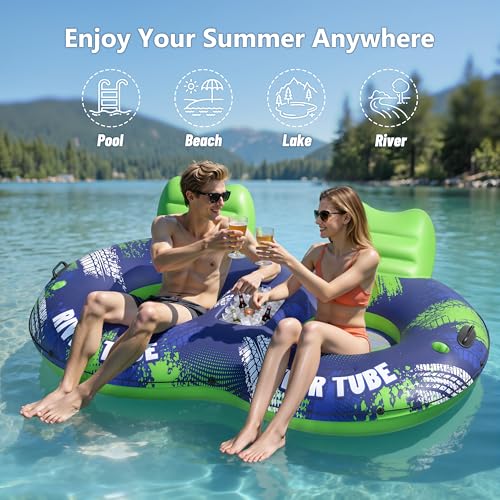 Image of JOSEN Inflatable River Tube Float - 2 Person Heavy Duty River Float, Pool Floats Adult, Lake River Floats Water Tubes for Floating with Removable Cooler & Cupholders for Summer Relaxation
