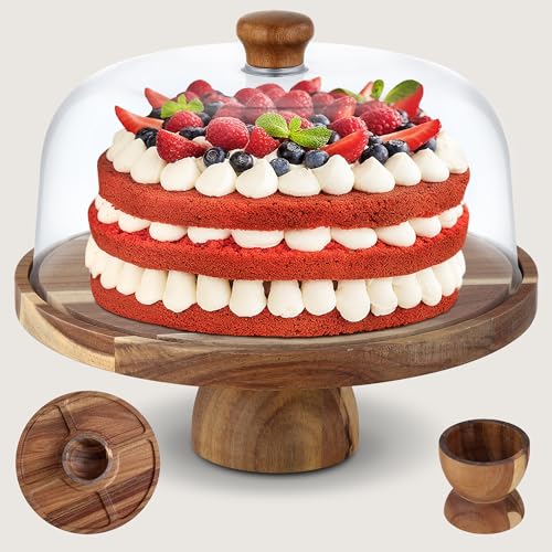 Goldeluxe Suporte de bolo de madeira de 30 cm | bandeja de sobremesas, frutas e lanches com base para bolos desmontável e sino para bolos PET transparente, ideal para casamento, festa, chá da tarde