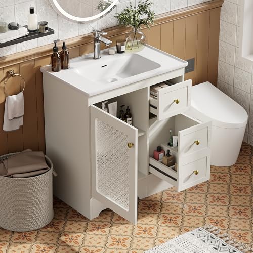 TIZZ Tocador de baño con lavabo de cerámica lisa, reposapiés oculto, iluminación LED, cristal en relieve, asas doradas, color blanco