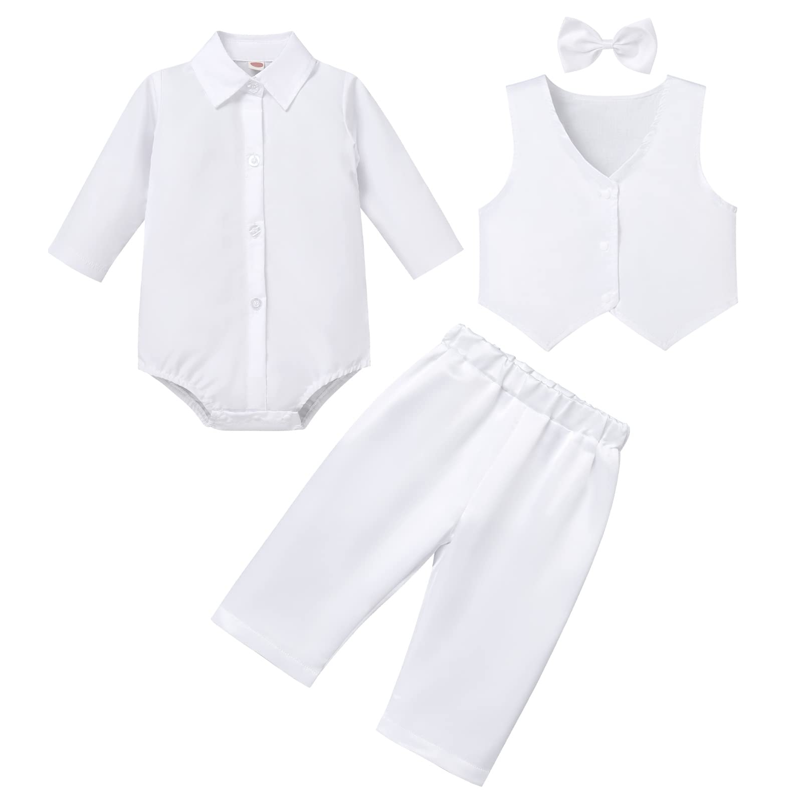 IMEKIS Traje de fiesta de manga corta para bebé y niño, traje de fiesta de esmoquin, camisa + pantalones cortos + chaleco + pajarita 4 piezas cumpleaños bautizo traje de boda ocasión juego de ropa