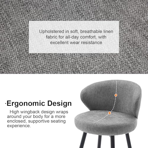 Image of 360 Swivel Modern Bar Stool Set of 2, 26 inch Upholstered Counter Height Bar Stools with Wingback, Soft Linen Fabric, Counter Chairs with Arm for Kitchen Island or Home Bar, Grey