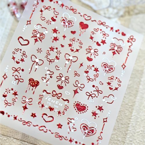 Image of 5D Embossed Valentines Nail Stickers Red Nail Art Stickers Heart Bow Glitter Shiny Design Nails Decals Self Adhesive for Women Manicure DIY Decoration Nails Art Supplies