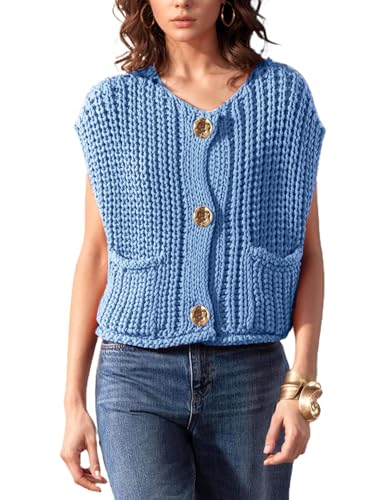 Image of Women's Sleeveless Chunky Knit Cardigan V-Neck Button Down Vest Casual Loose-Fitted Crochet Sweater with Pockets 2024