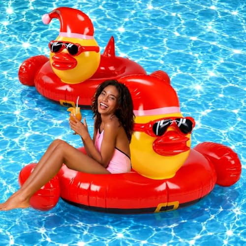 Karenhi 2 Pack Christmas in July Pool Floats Giant Duck Pool Floats Inflatable Christmas in July Swimming Ring Summer Xmas Swim Tubes for Beach Lake Summer Holiday Party Supplies Decorations