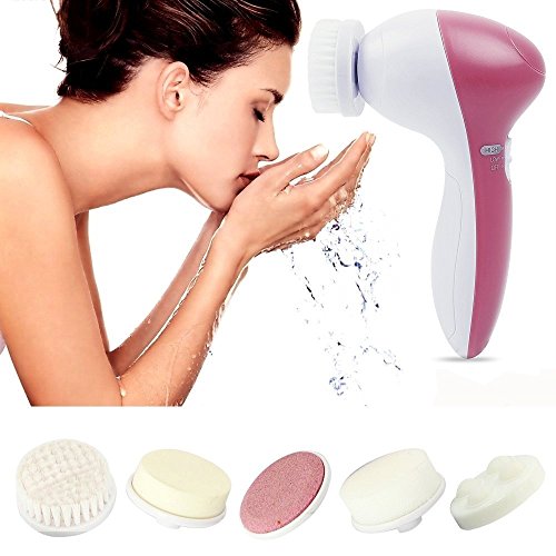 Emontek Face Massager, Facial Scrubber Skin Care 5 in 1 Multi-Function Portable, Electrical Facial Skin Care Equipment Kit with Facial Latex Brush Cosmetic Sponge by Emontek