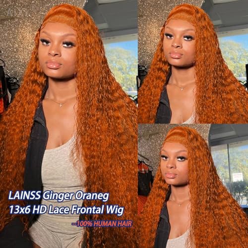 Image of LAINSS 32Inch Ginger Orange Lace Front Wigs Human Hair Body Wave Lace Front Wigs for Black Women Human Hair 13x6 HD Lace Frontal Human Hair Glueless Colored Wig Pre Plucked 210% Density